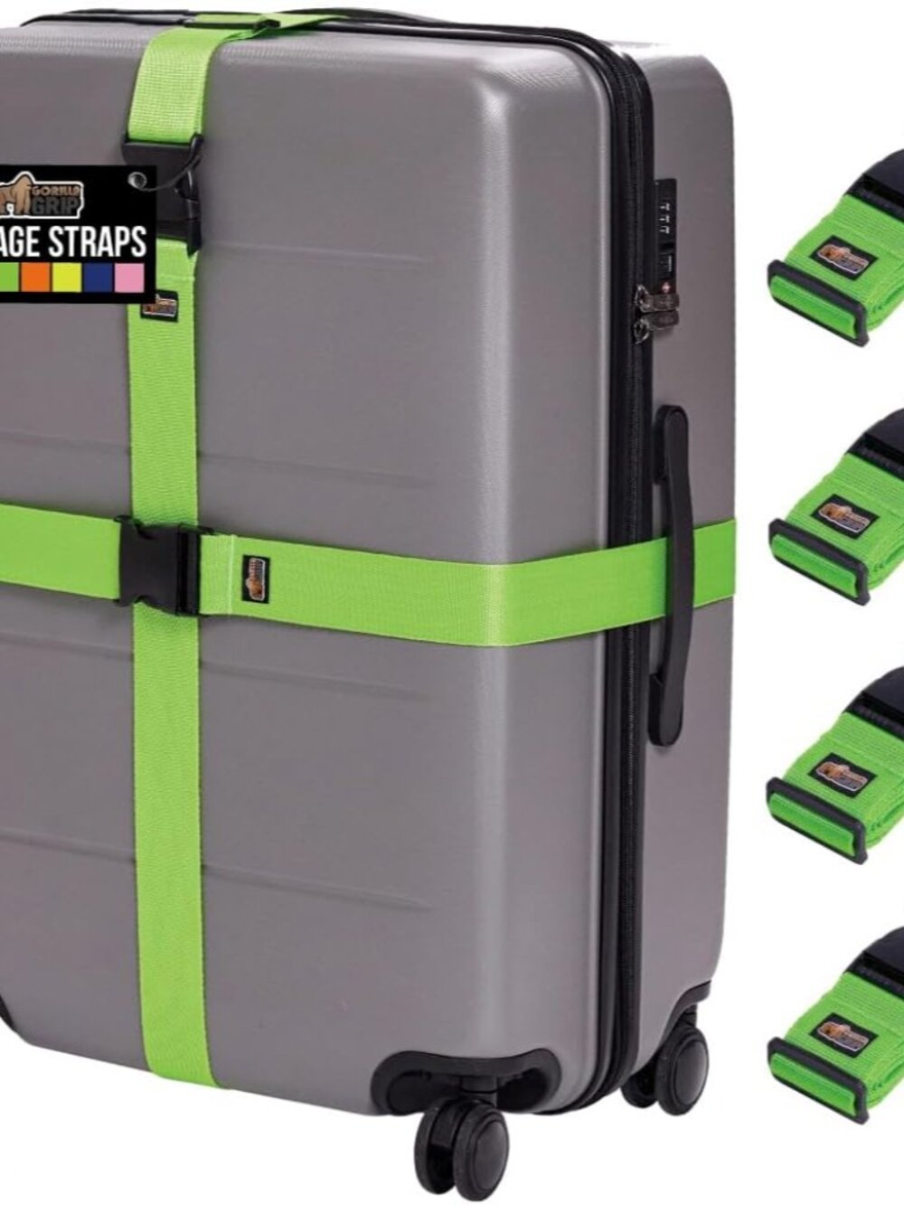 GORILLA GRIP Heavy Duty 4 Pack Adjustable Luggage Straps for Suitcases, Easy to